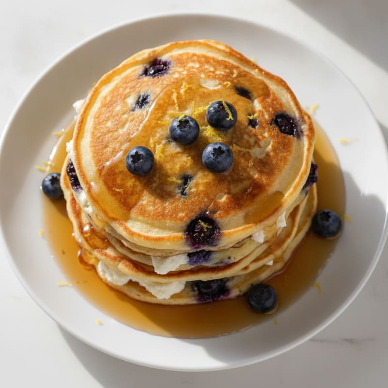 Blueberry Ricotta Pancakes with Maple Syrup