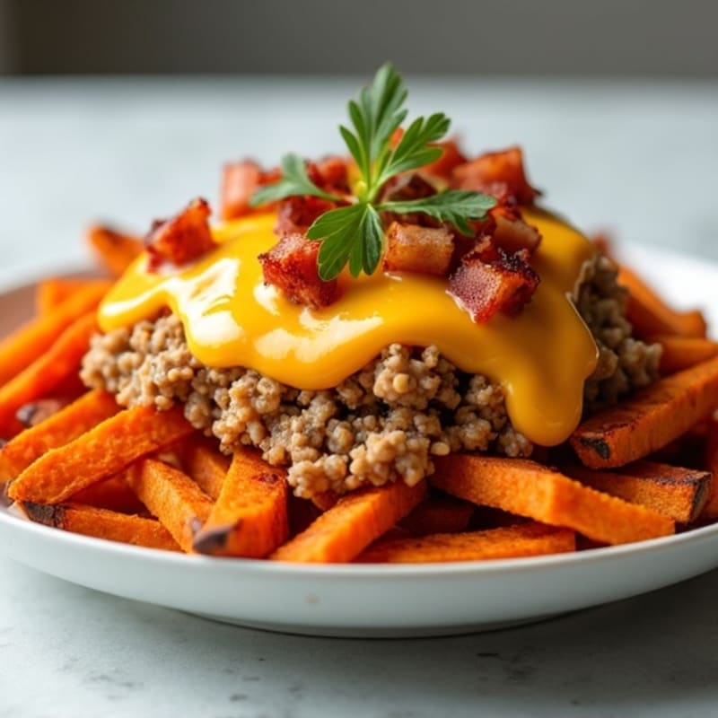 Crispy Roasted Sweet Potato Fries with Lean Ground Turkey, Savory Bacon Bits, and Creamy Cheddar Sauce