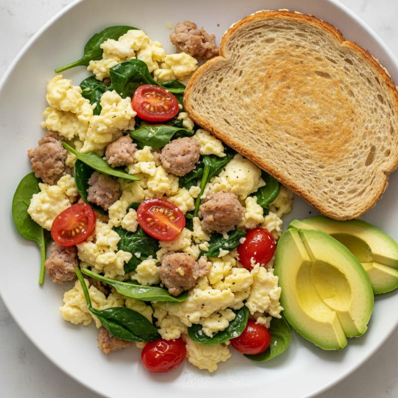Egg White and Turkey Sausage Scramble with Spinach and Tomatoes