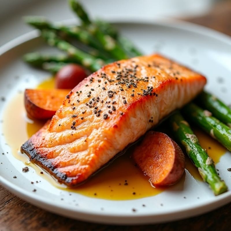 Seared Salmon with Roasted Sweet Potatoes and Asparagus
