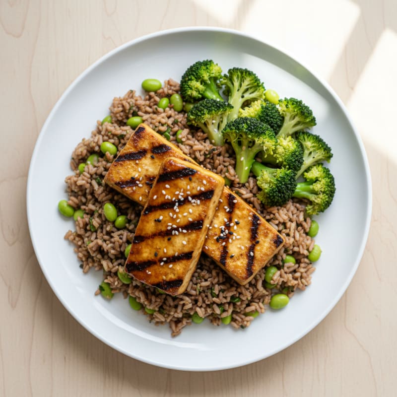 Grilled Marinated Tofu with Herb-Infused Brown Rice and Steamed Broccoli