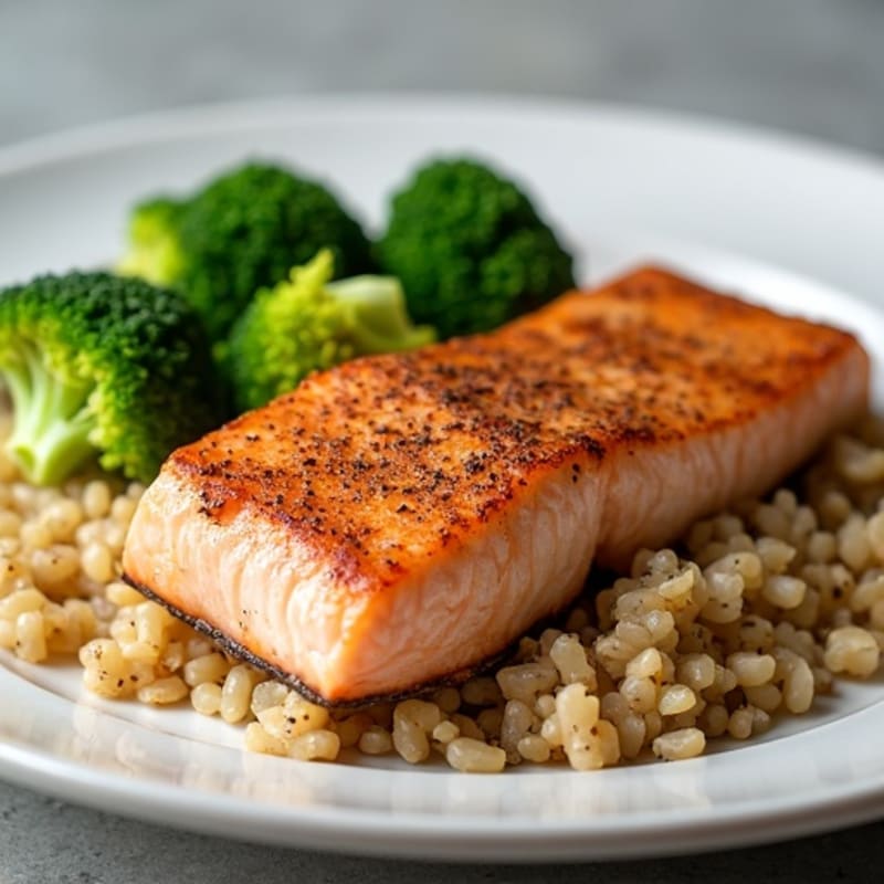 Seared Salmon with Steamed Broccoli and Brown Rice