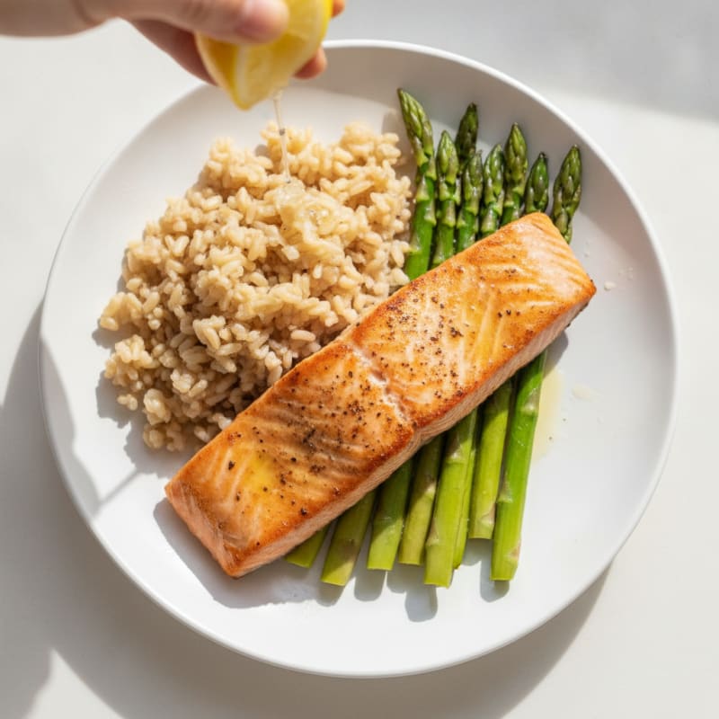 Seared Salmon Fillet with Steamed Asparagus and Brown Rice