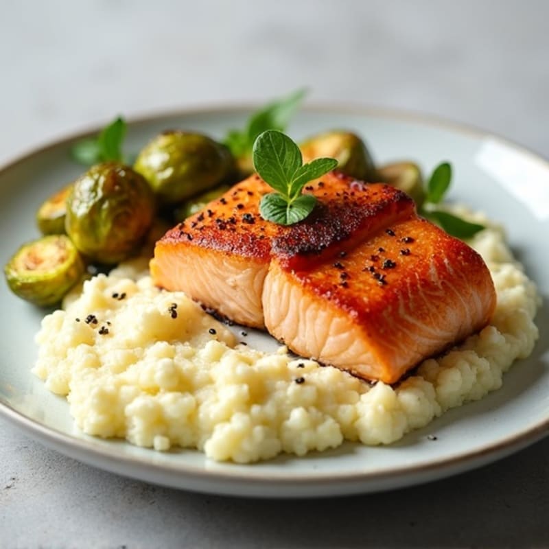Seared Salmon Fillet with Roasted Brussels Sprouts and Cauliflower Mash