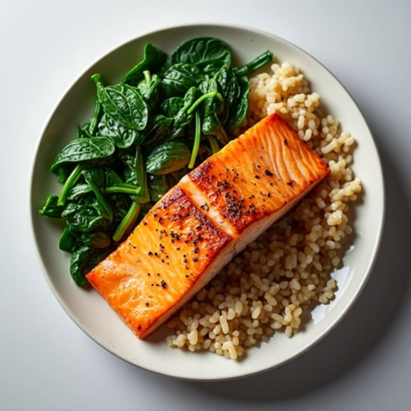Seared Salmon Filet with Garlic Spinach and Brown Rice