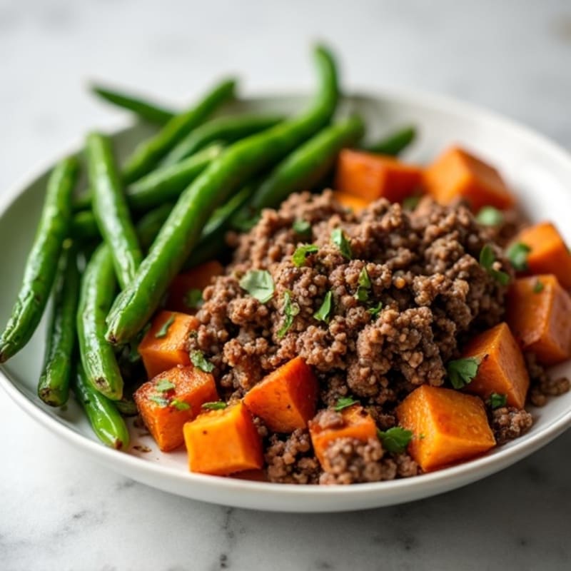 Lean Ground Beef with Roasted Sweet Potatoes and Crispy Green Beans
