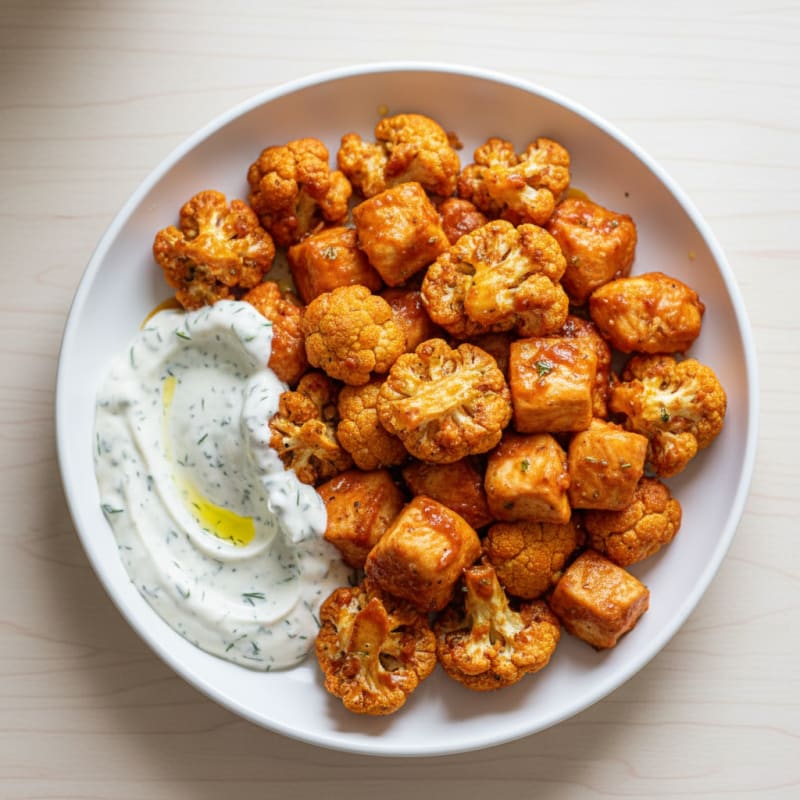 Crispy Buffalo Cauliflower and Chicken Bites with Ranch