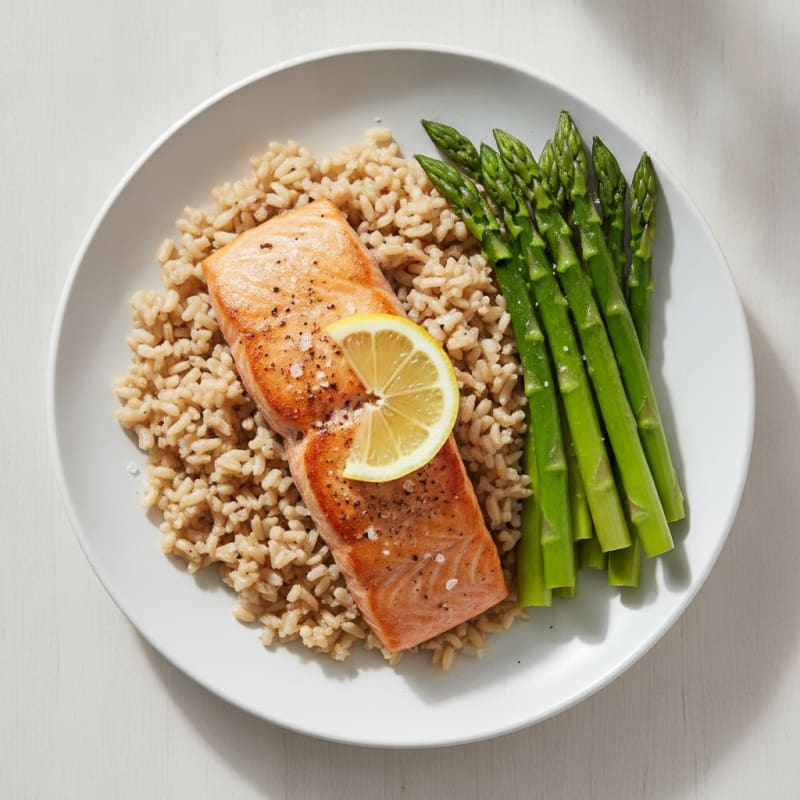 Seared Salmon with Steamed Asparagus and Brown Rice