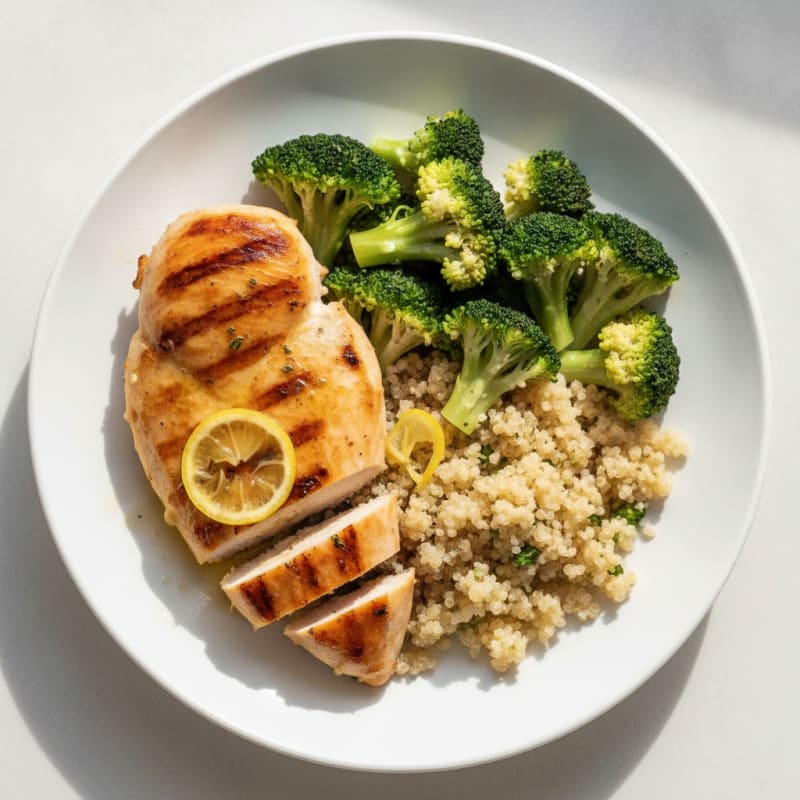 Grilled Chicken Breast with Steamed Broccoli and Quinoa