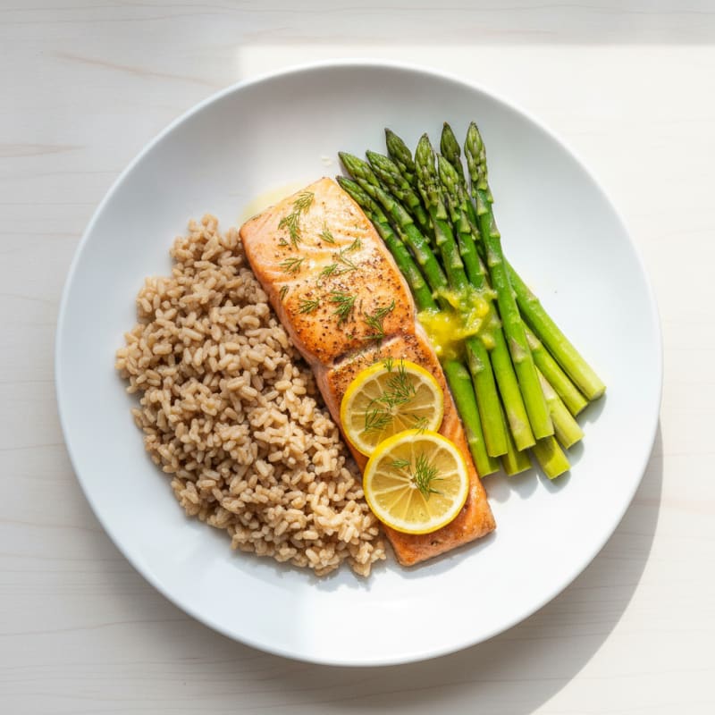 Baked Salmon Fillet with Steamed Asparagus and Brown Rice