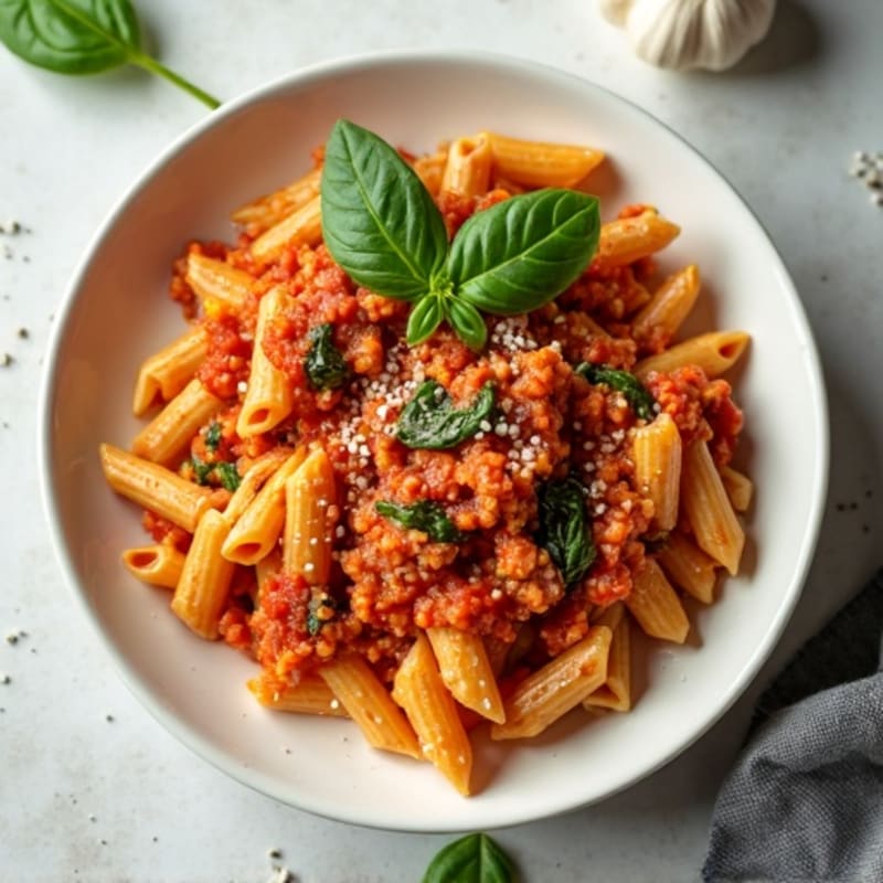 Lean Ground Turkey Pasta with Creamy Tomato Sauce and Wilted Spinach