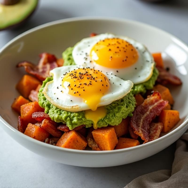 Smashed Avocado with Poached Eggs and Crispy Sweet Potato Hash