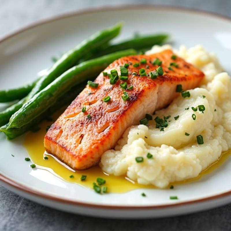 Seared Salmon with Steamed Green Beans and Cauliflower Mash