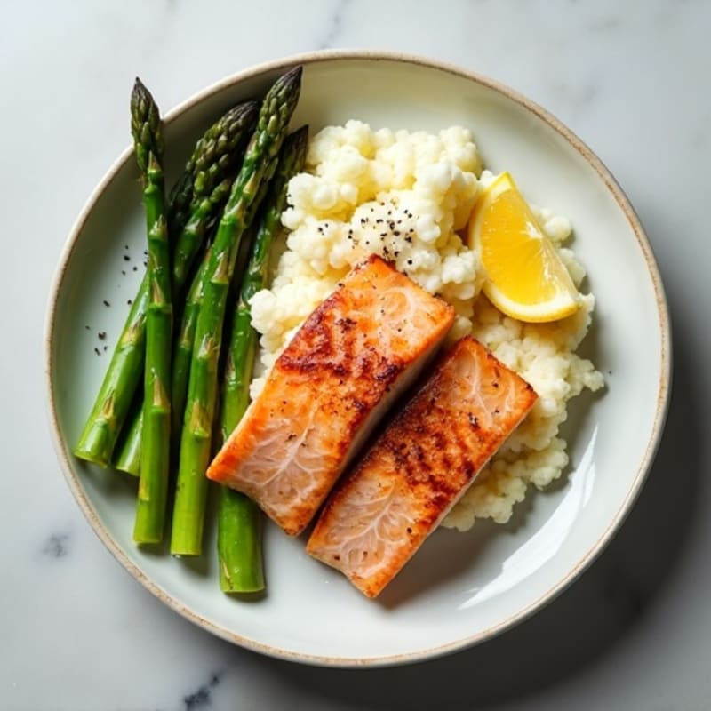 Seared Salmon with Steamed Asparagus and Garlic Cauliflower Mash