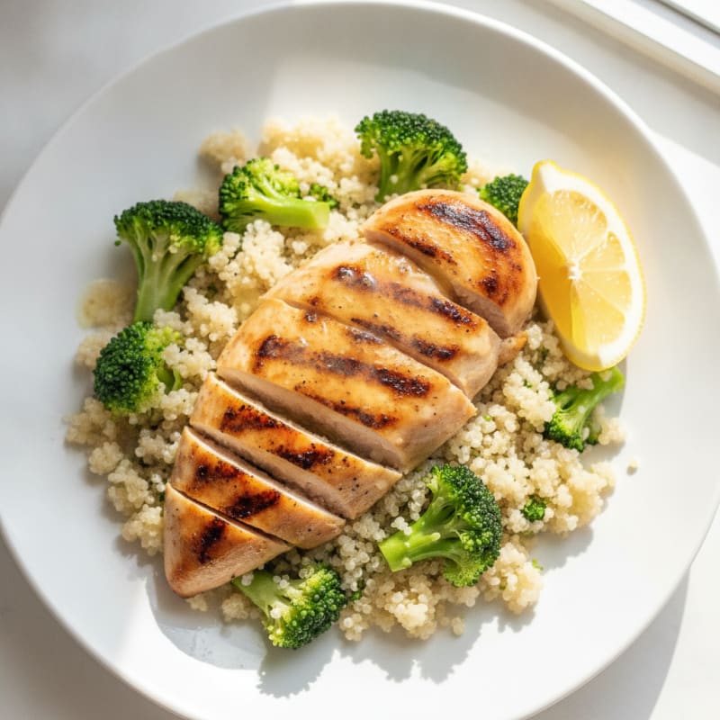 Grilled Chicken Breast with Steamed Broccoli and Quinoa