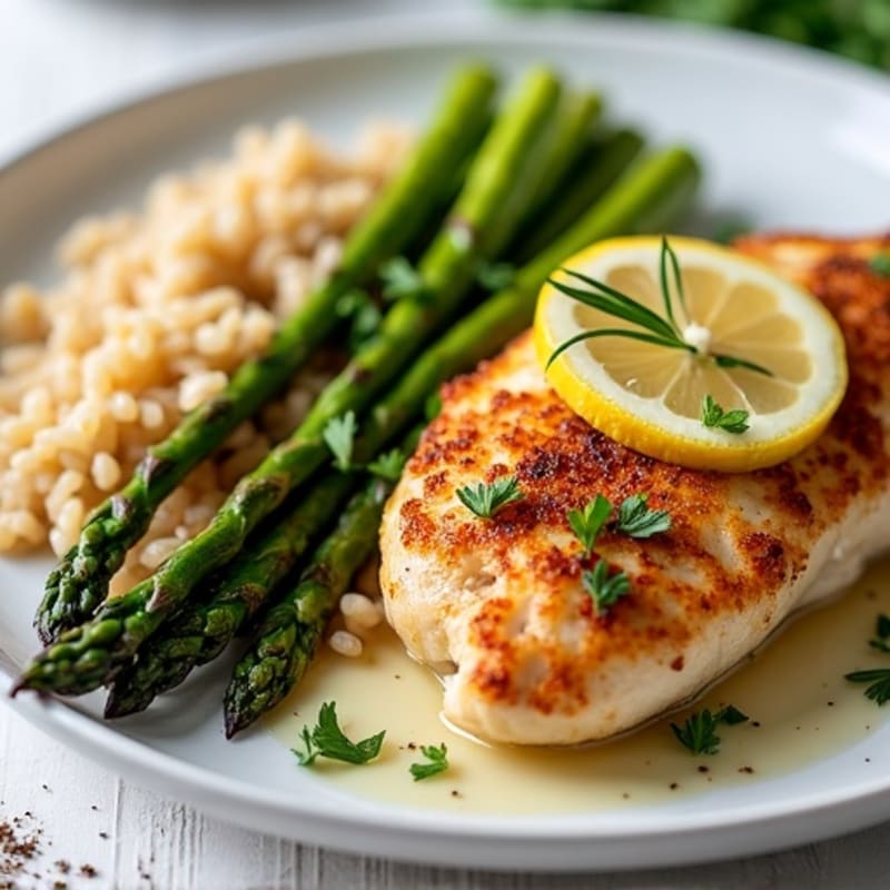Crispy Lemon-Herb Chicken Breast with Roasted Asparagus and Fluffy Brown Rice