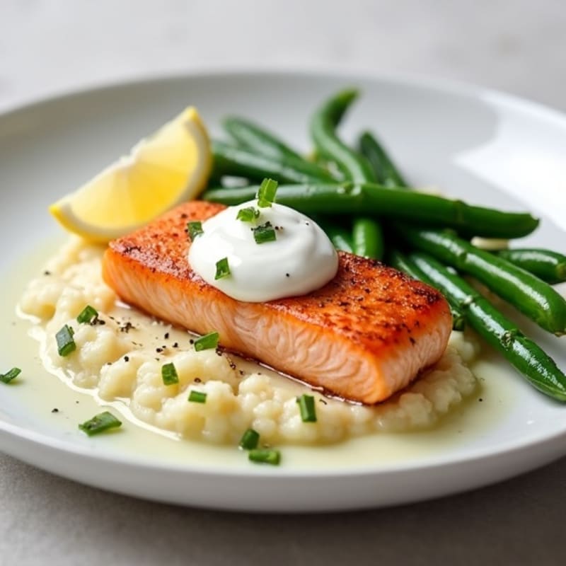 Seared Salmon with Garlic Green Beans and Cauliflower Mash