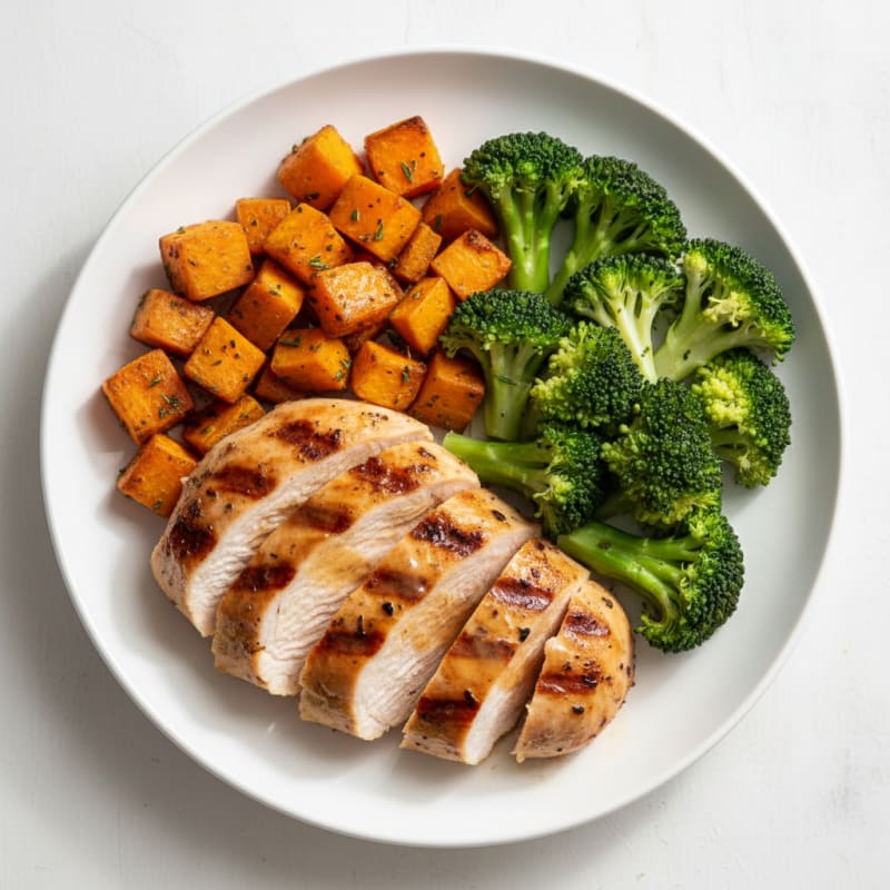 Grilled Turkey Breast with Roasted Sweet Potato and Steamed Broccoli