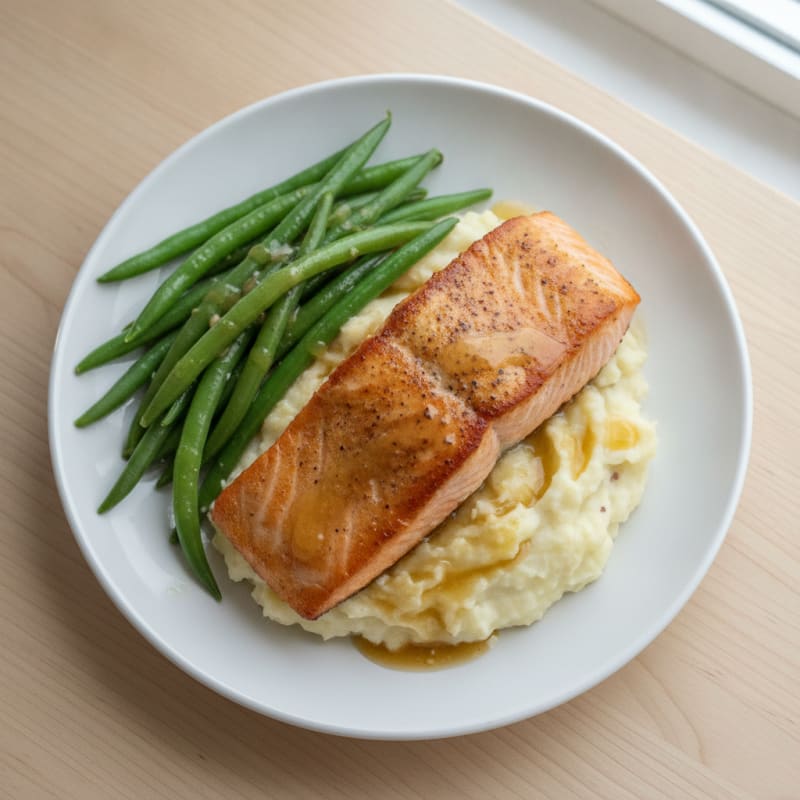 Seared Salmon with Steamed Green Beans and Garlic Mashed Potatoes