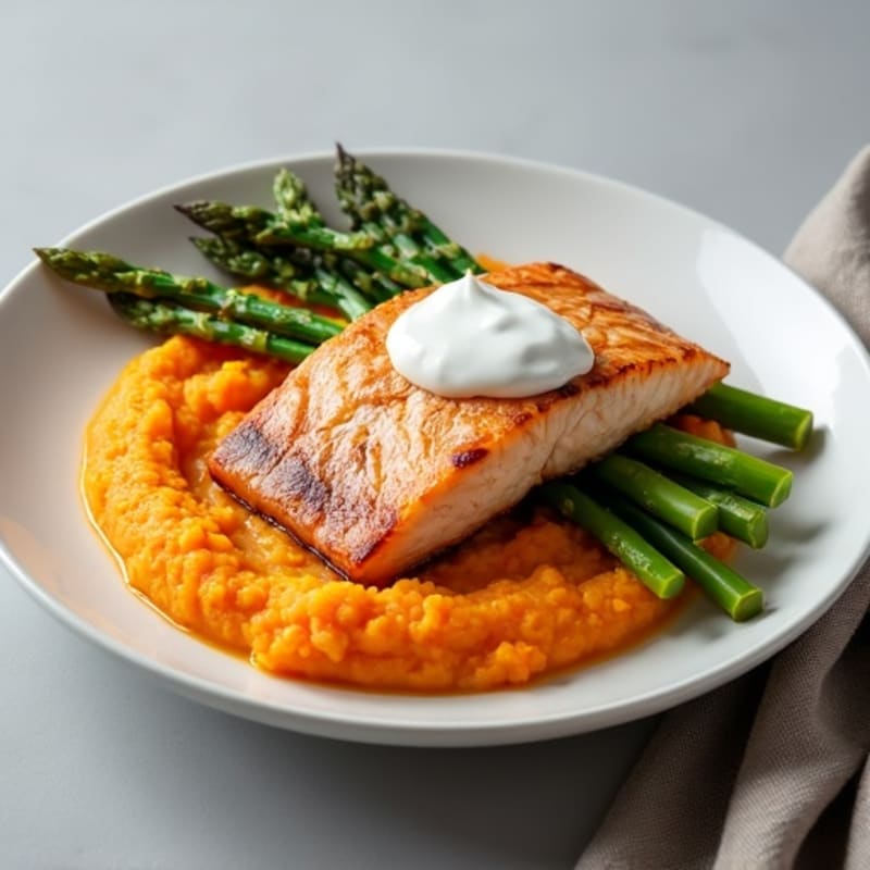 Seared Salmon Fillet with Steamed Asparagus and Sweet Potato Mash