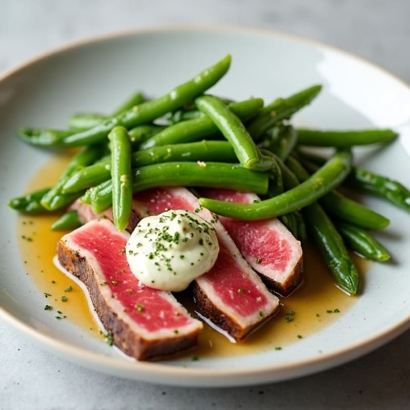 Fresh Seared Ahi Tuna with Crispy Green Beans and Creamy Wasabi Mayo