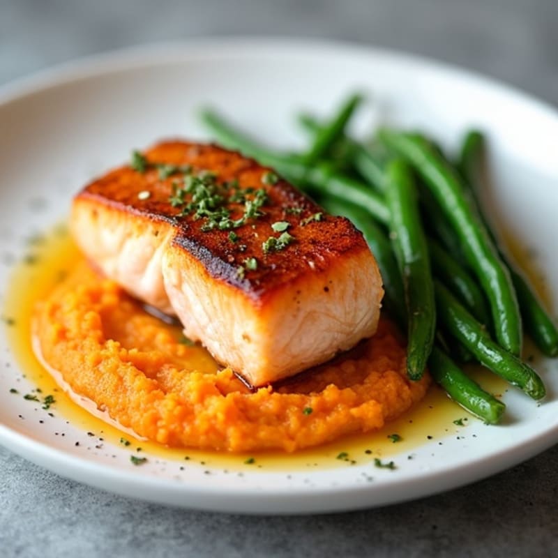 Seared Salmon with Steamed Green Beans and Sweet Potato Mash