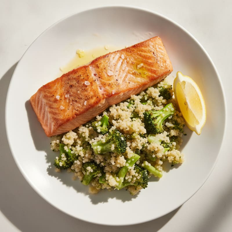 Seared Salmon with Steamed Broccoli and Quinoa