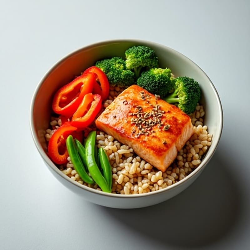 Sesame Ginger Salmon Rice Bowl with Crisp Vegetables