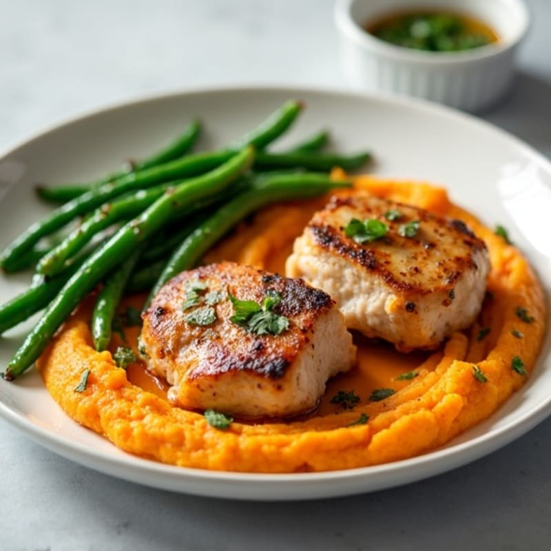 Seared Chicken Thighs with Garlic Green Beans and Sweet Potato Mash