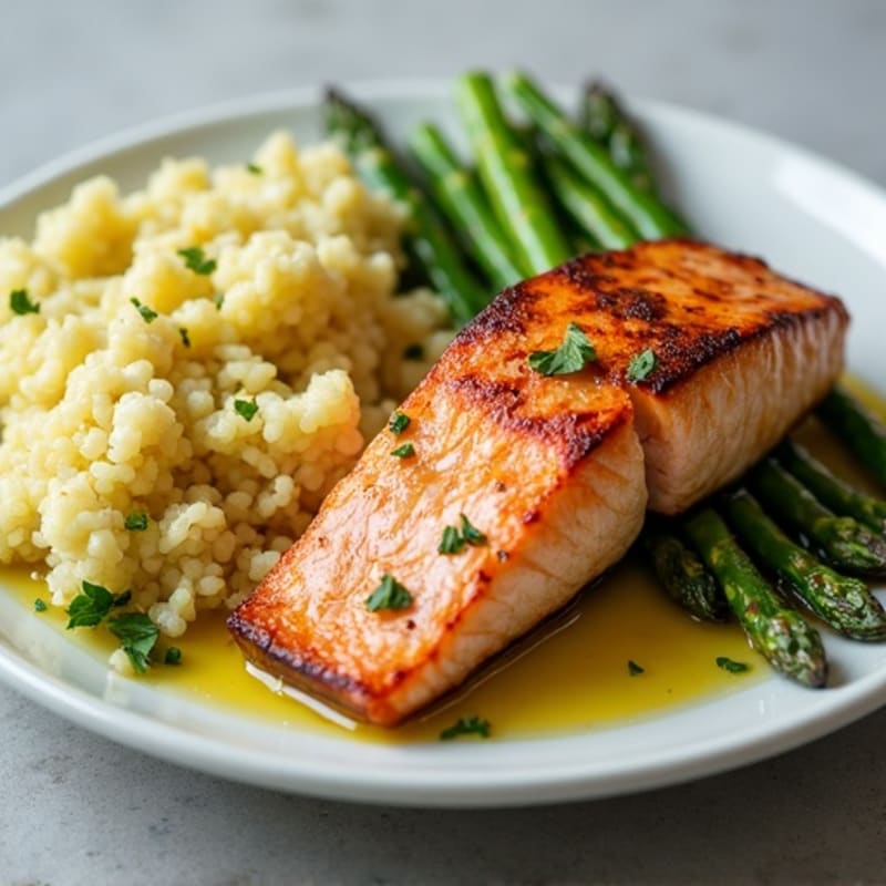 Seared Salmon with Steamed Asparagus and Cauliflower Rice
