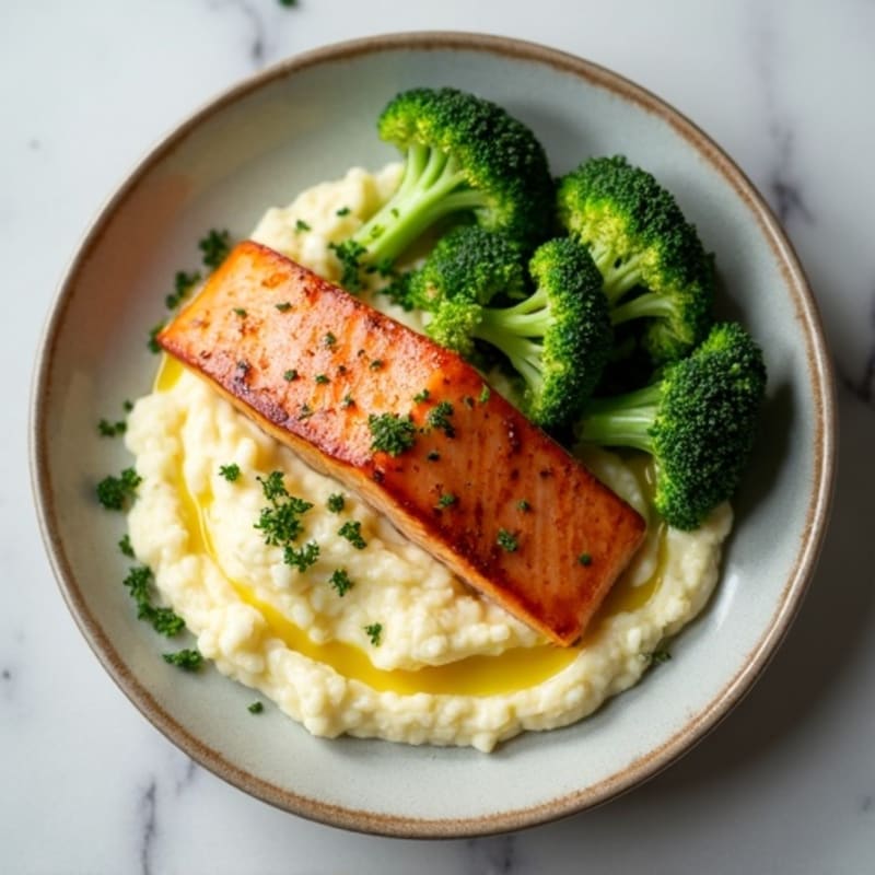 Seared Salmon with Steamed Broccoli and Garlic Cauliflower Mash