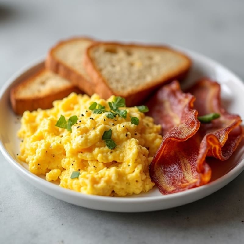 Creamy Scrambled Eggs with Crispy Turkey Bacon and Toasted Sourdough