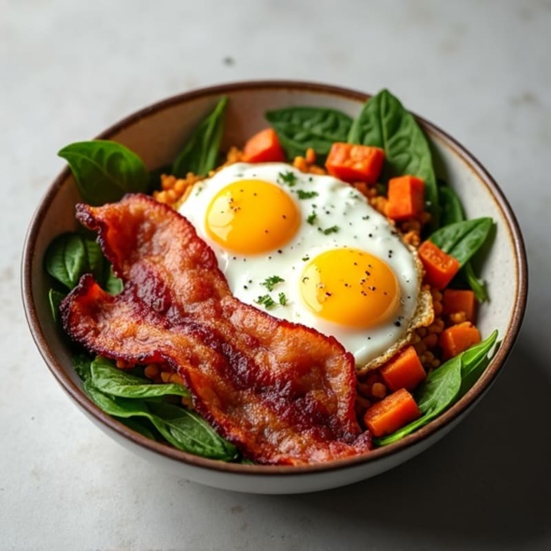 Crispy Turkey Bacon and Egg Breakfast Bowl with Sweet Potato Hash