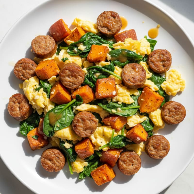 Crispy Turkey Sausage and Spinach Egg Scramble with Sweet Potato