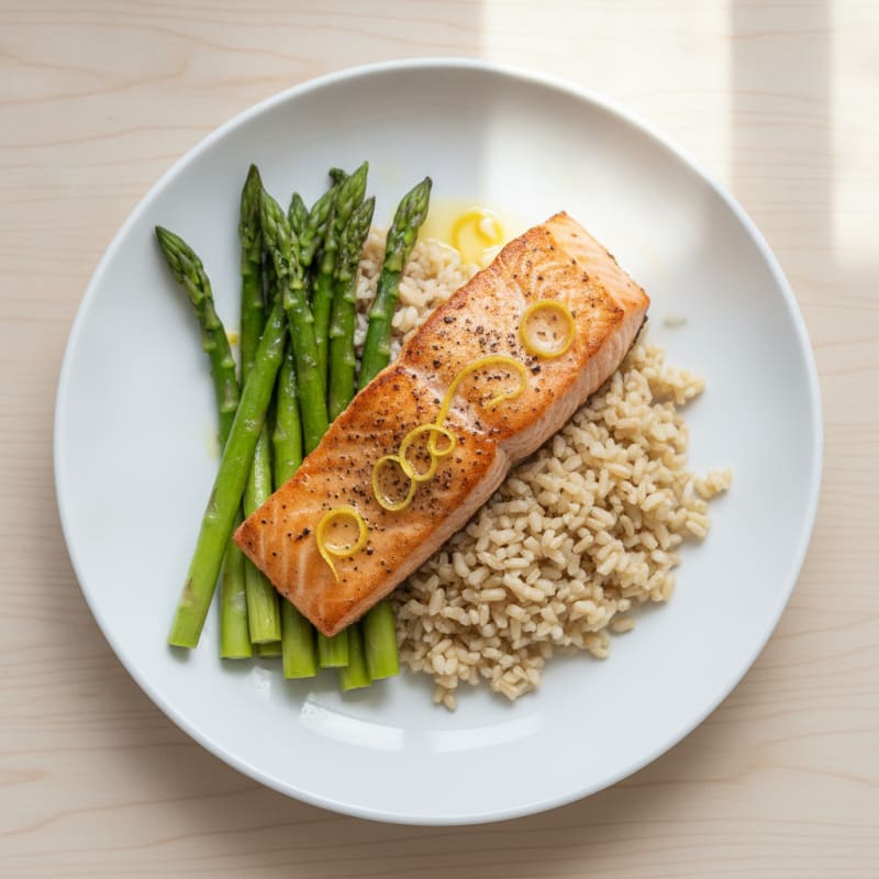 Seared Salmon Fillet with Steamed Asparagus and Brown Rice