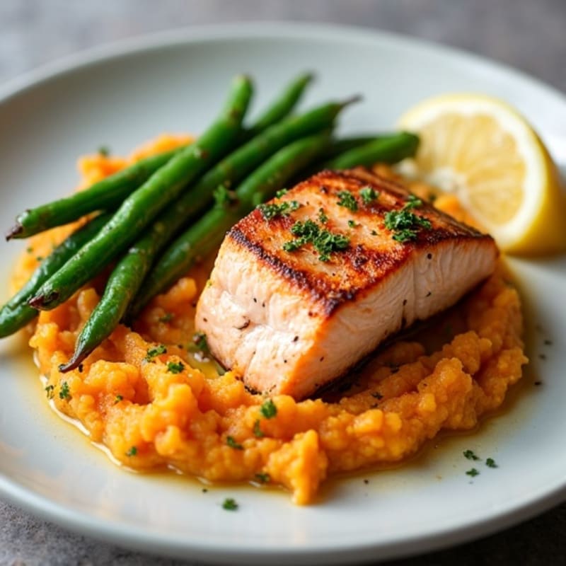 Seared Salmon with Garlicky Green Beans and Sweet Potato Mash
