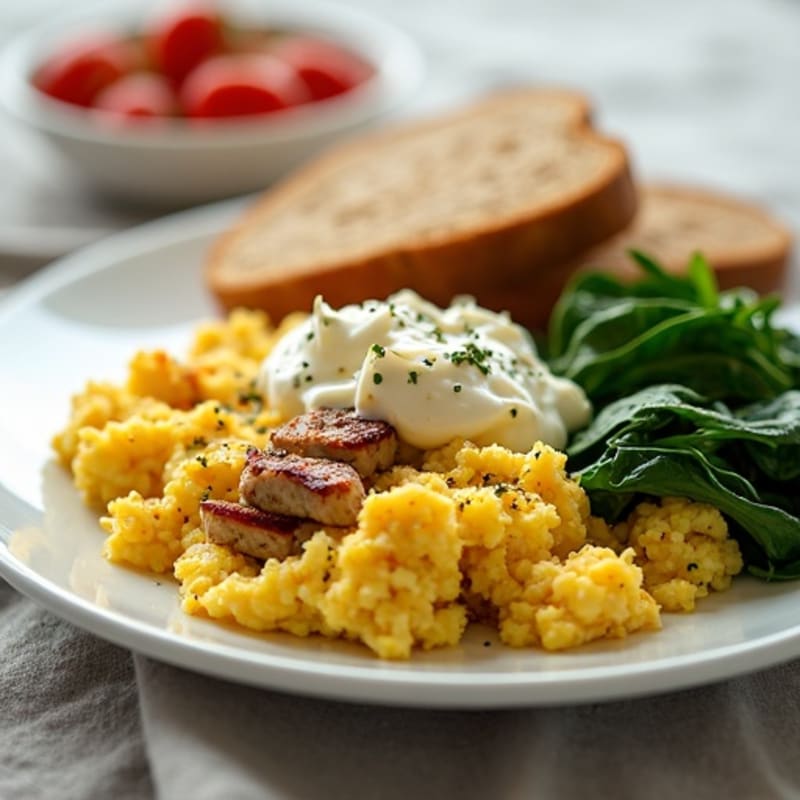 Egg White and Turkey Sausage Scramble with Cottage Cheese, Spinach & Hibachi Flair
