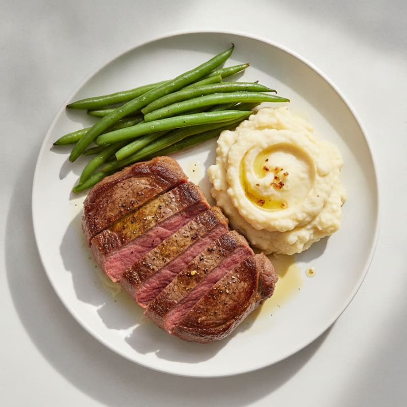 Seared Lean Beef with Steamed Green Beans and Mashed Cauliflower