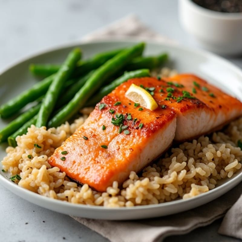 Seared Salmon with Steamed Green Beans and Brown Rice