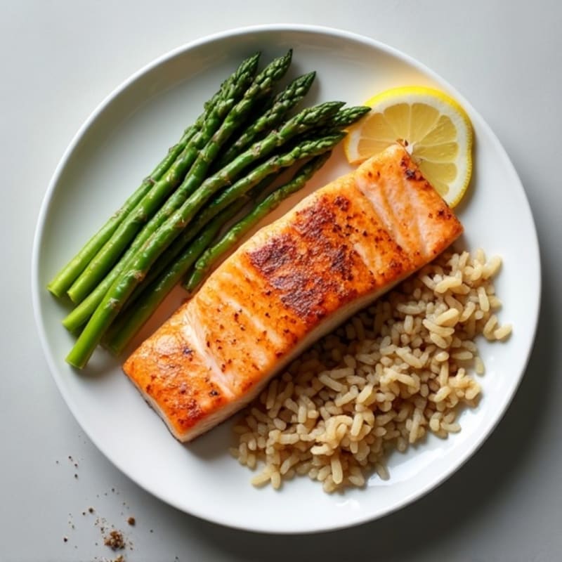 Seared Salmon Fillet with Steamed Asparagus and Brown Rice
