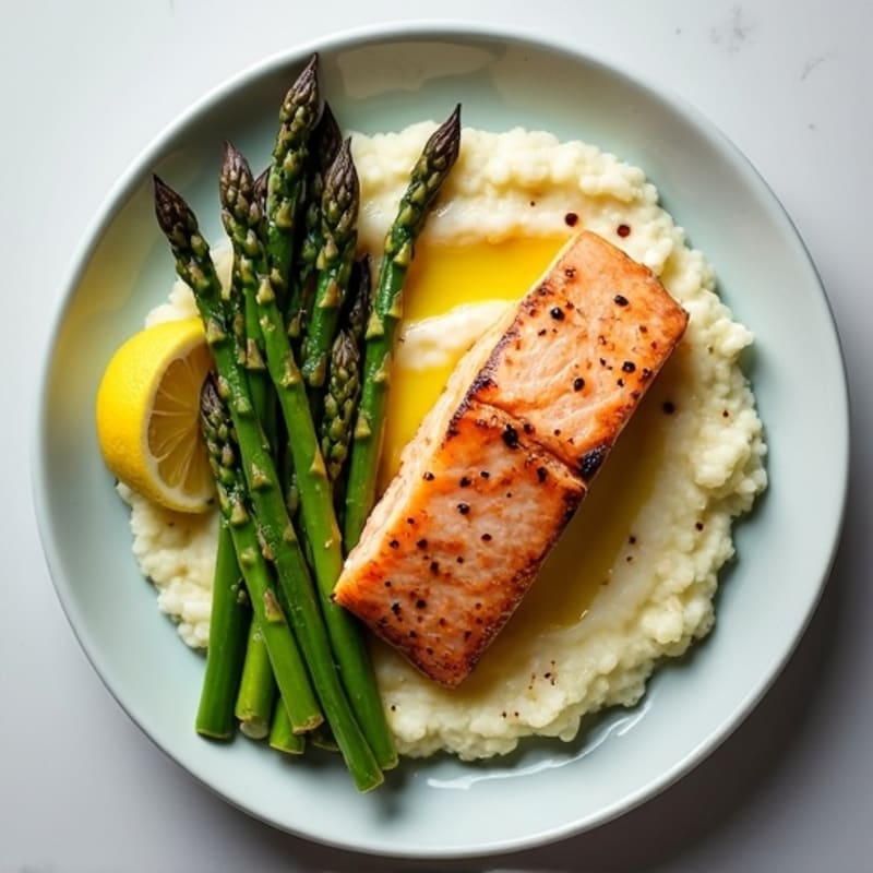 Seared Salmon with Steamed Asparagus and Cauliflower Mash