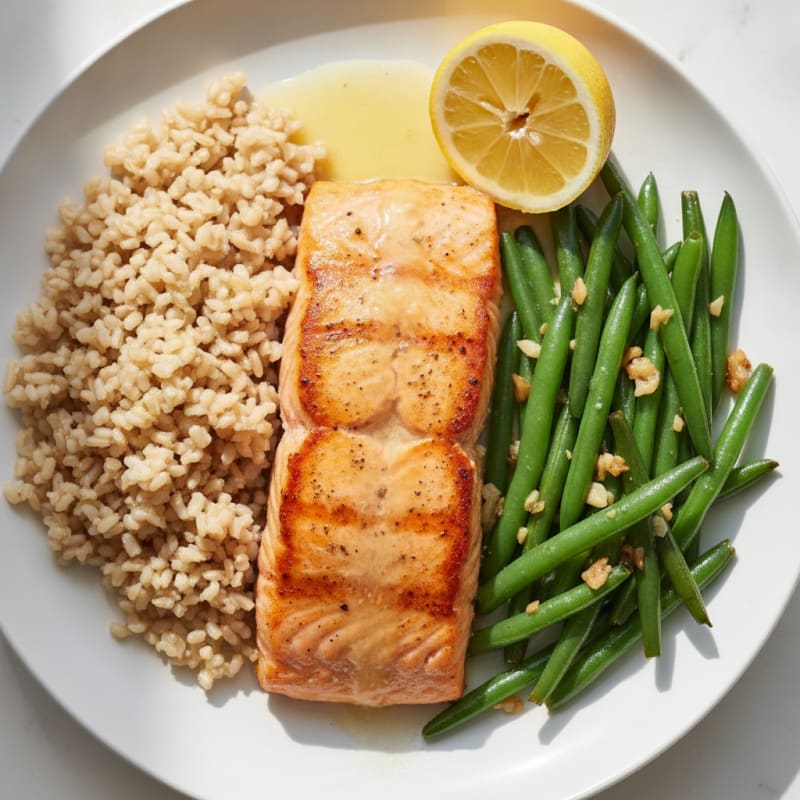 Seared Salmon with Garlic Green Beans and Brown Rice