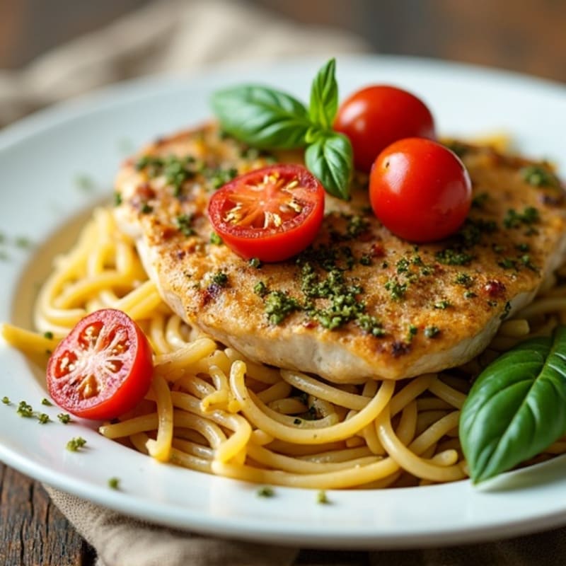Fresh Pesto Chicken Whole Wheat Pasta with Roasted Cherry Tomatoes