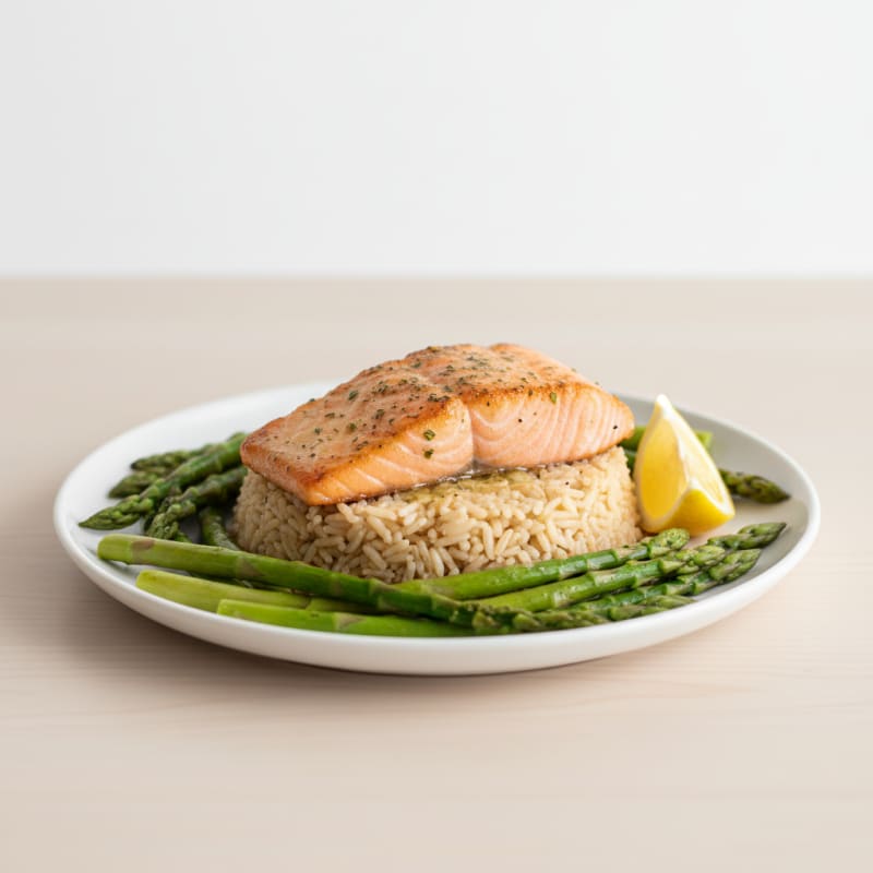 Seared Salmon Fillet with Steamed Asparagus and Brown Rice
