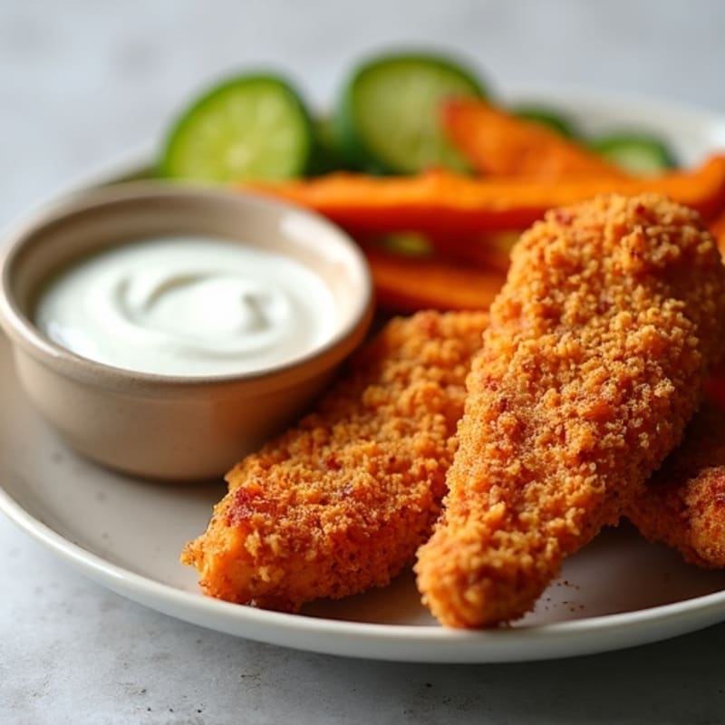 Crispy Chicken Tenders with Roasted Sweet Potato Fries and Creamy Dipping Sauce