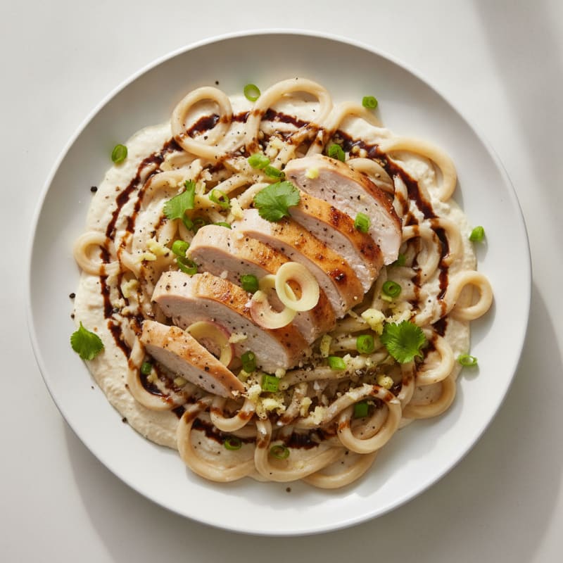 Poached Chicken Tofu-Ginger Udon with Soy Sauce