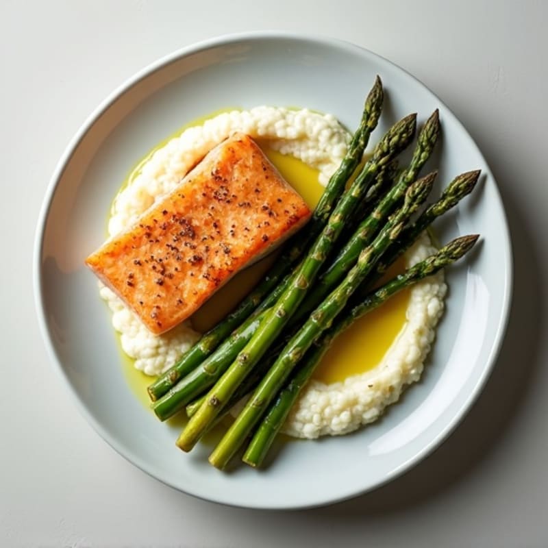 Seared Salmon with Roasted Asparagus and Cauliflower Mash