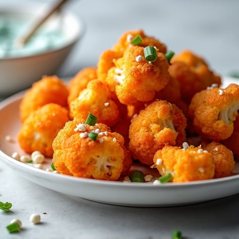 Crispy Baked Buffalo Cauliflower Bites with Greek Yogurt Blue Cheese Dip