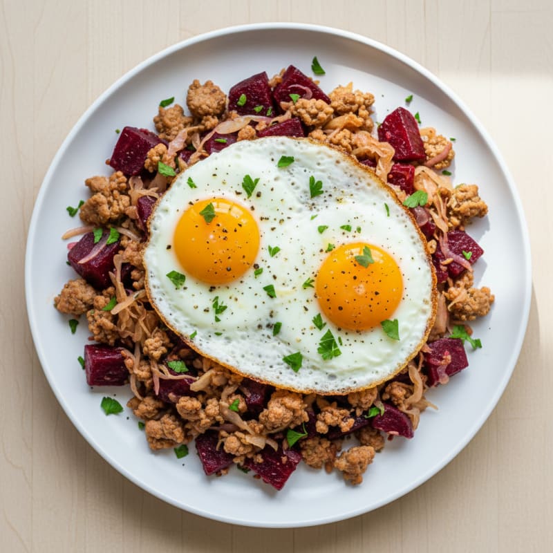 Roasted Beet and Sauerkraut Egg Hash
