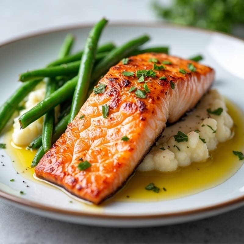 Seared Salmon with Steamed Green Beans and Garlic Mashed Cauliflower